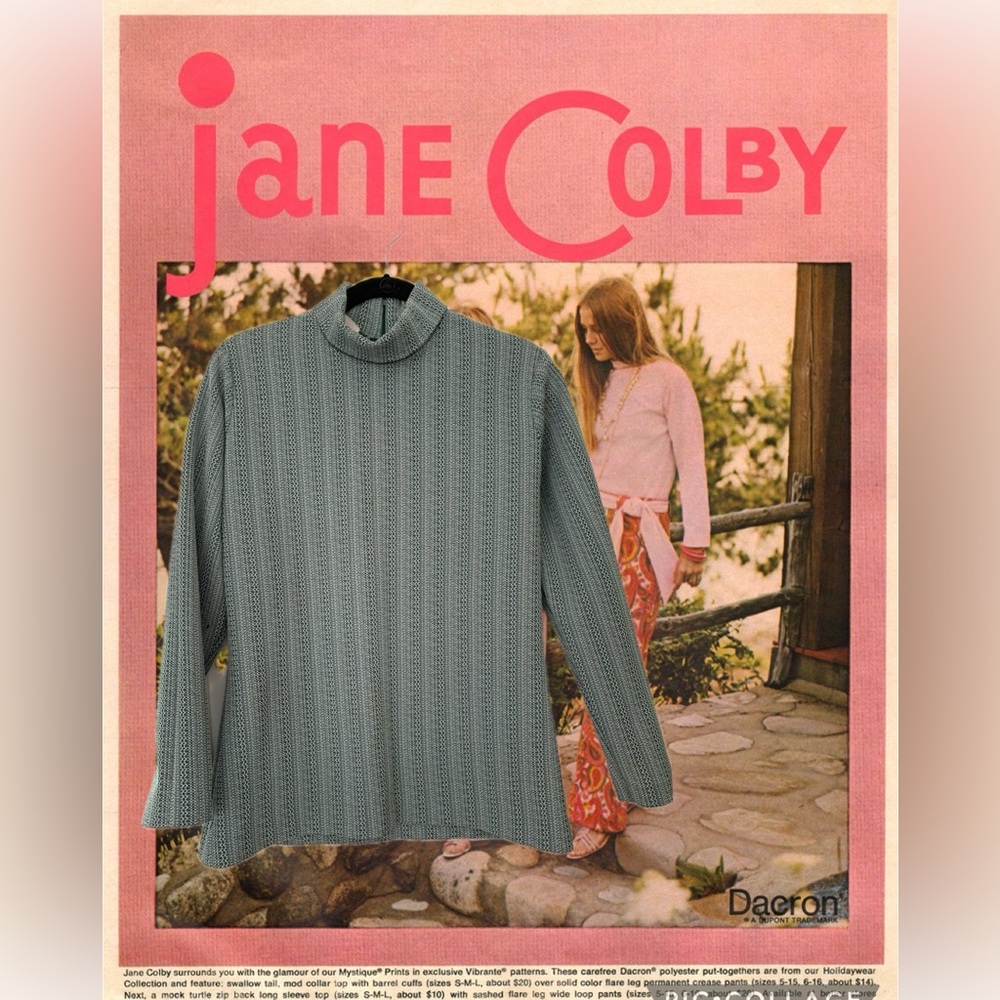 Vintage 60s 70s Jane Colby groovy green and white rolled neck top